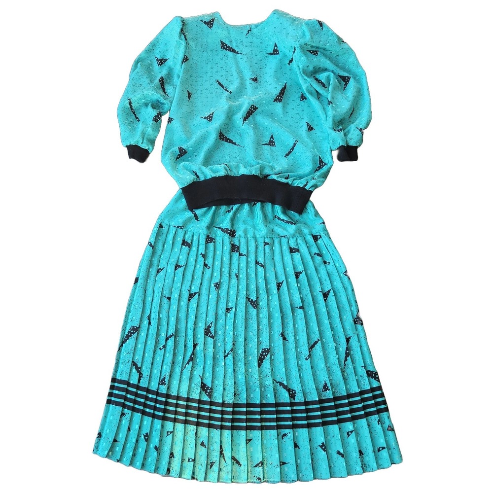 Vintage Teal Abstract Geometric Print Pleated Skirt Top Set 80s Retro Union Made
